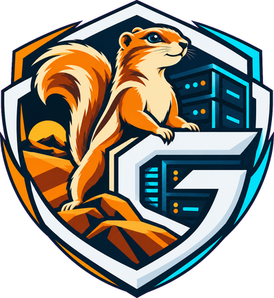 GAMING.COM.NA emblem: a Cape ground squirrel on a shield with a G and server racks